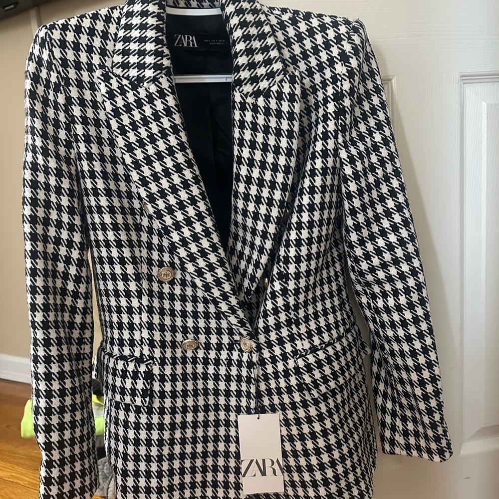 Zara Black and White Houndstooth Blazer